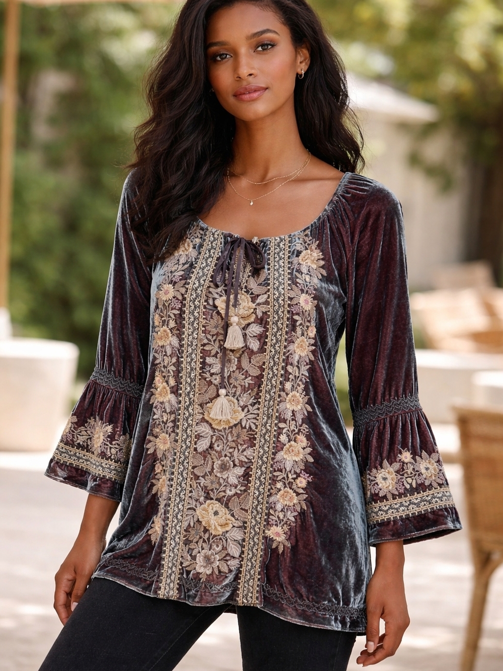 Johnny Was Marushka Velvet Embroidered Flare Sleeve Top Iridescent Silk Blend. S